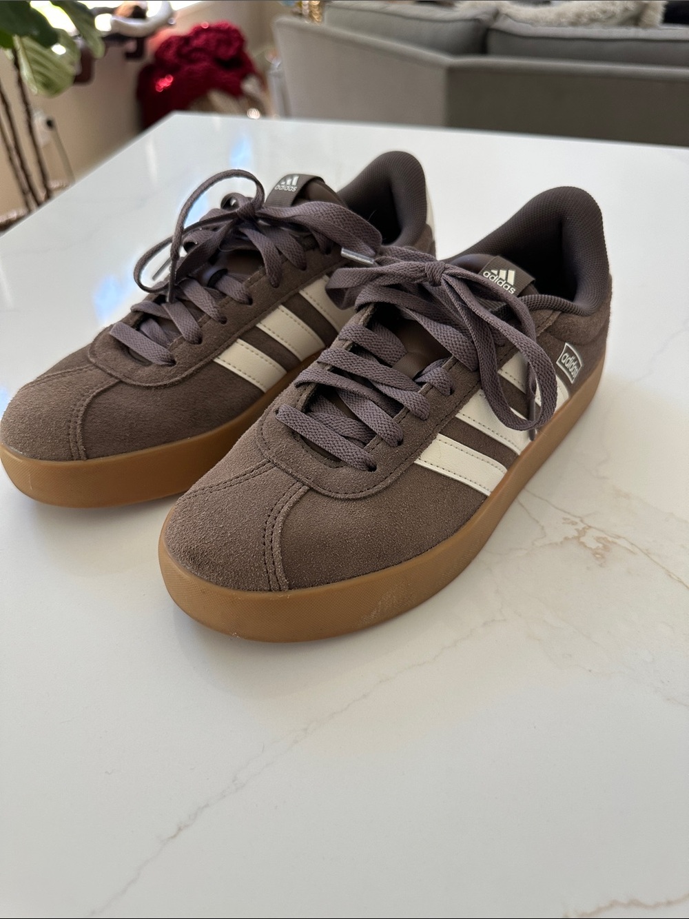 adidas Brown Suede Platform Sneakers with White Stripes
